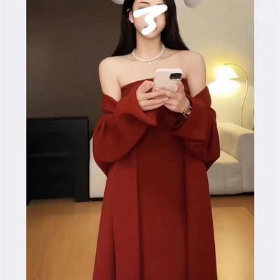 FV港风复古包臀开叉抹胸针织连衣裙加厚中长款针织开衫套装女