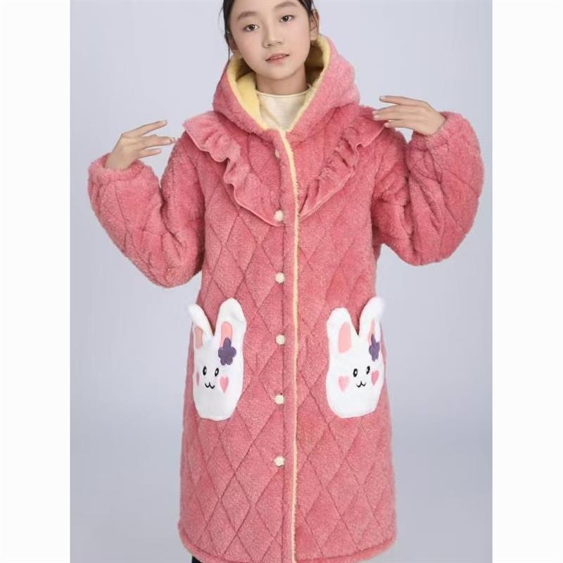 女大童外穿单件长袍过膝盖睡衣加厚三层加绒外出长款兔甜美冬季