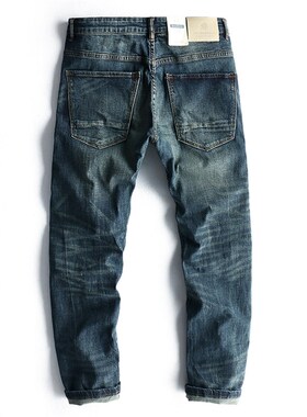 蓝色猫须做旧牛仔裤 男潮流弹力修身小脚直筒裤 简约青年男裤K3-4