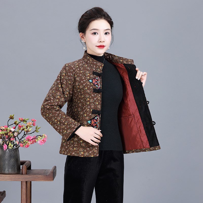 中老年妈妈小碎花棉袄冬装复古盘扣加厚棉服女唐装短款小棉衣外套