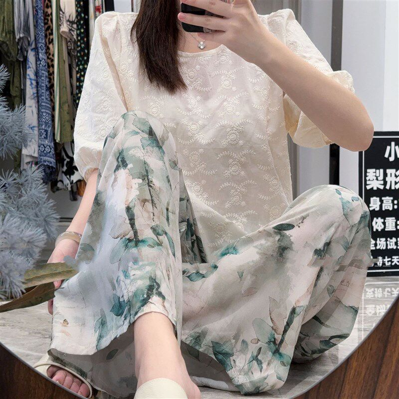 女士薄款夏季居家人棉棉绸睡裤沙滩九分加大码宽松休闲绵绸阔腿裤