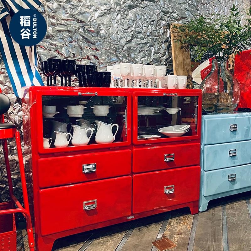 DULTON双玻璃门酒柜 铁制餐边收纳柜 墨绿色金属餐边柜 日式风格