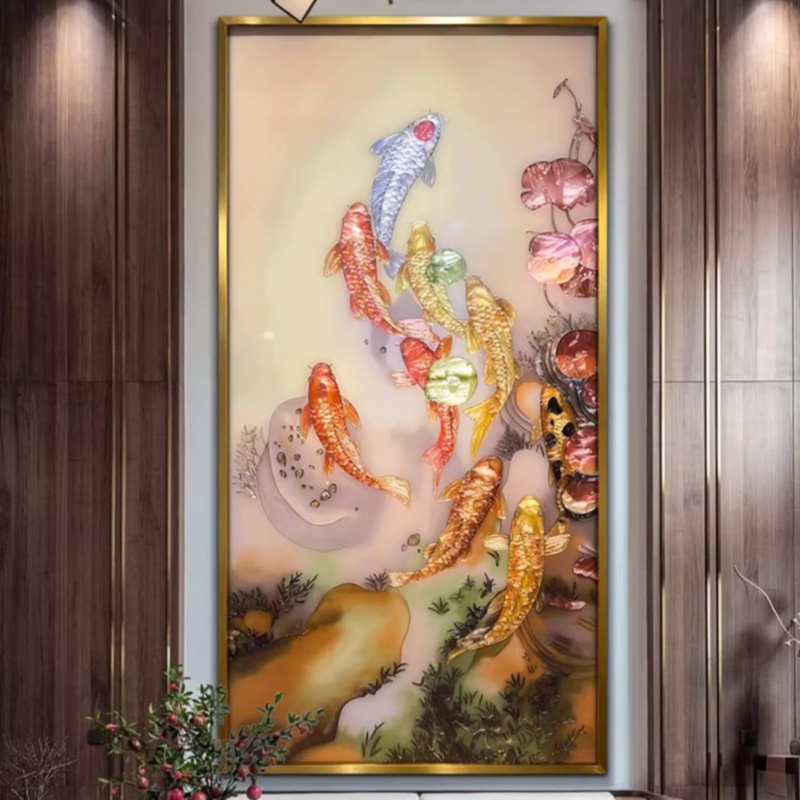 珐琅彩装饰画九鱼图新中式入户客厅手绘中国风定制挂画餐厅壁画