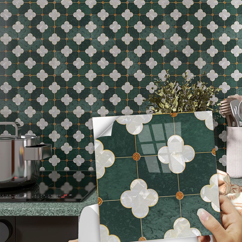 一套10片高亮水晶复古绿色花纹化妆室防水自黏贴纸厨房防油壁纸