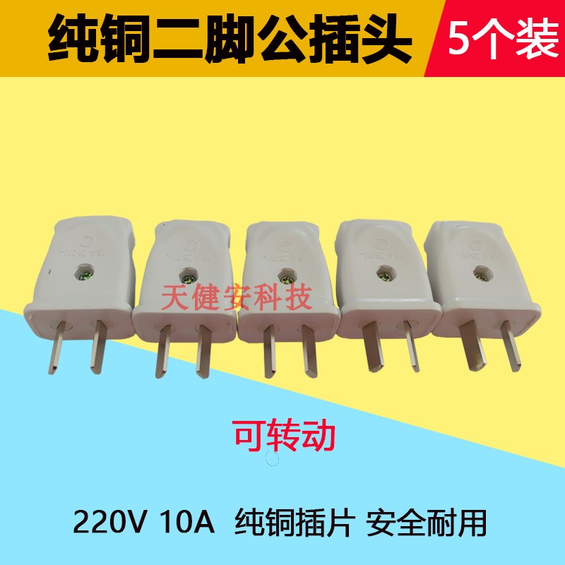 国标二脚可转动插头220V/10A纯铜两极电线接头可拆不带线两孔公座