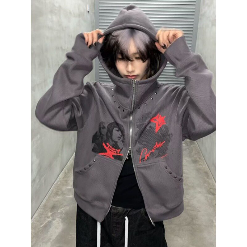 26美式复古街头叛逆少女印花铆钉轻亚文化视觉卫衣百搭秋冬外套男