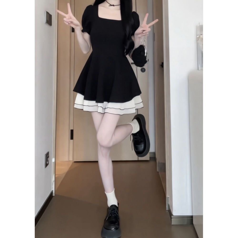法式赫本风夏季新款黑天鹅撞色拼接短袖裙小黑裙显瘦A字连衣裙子
