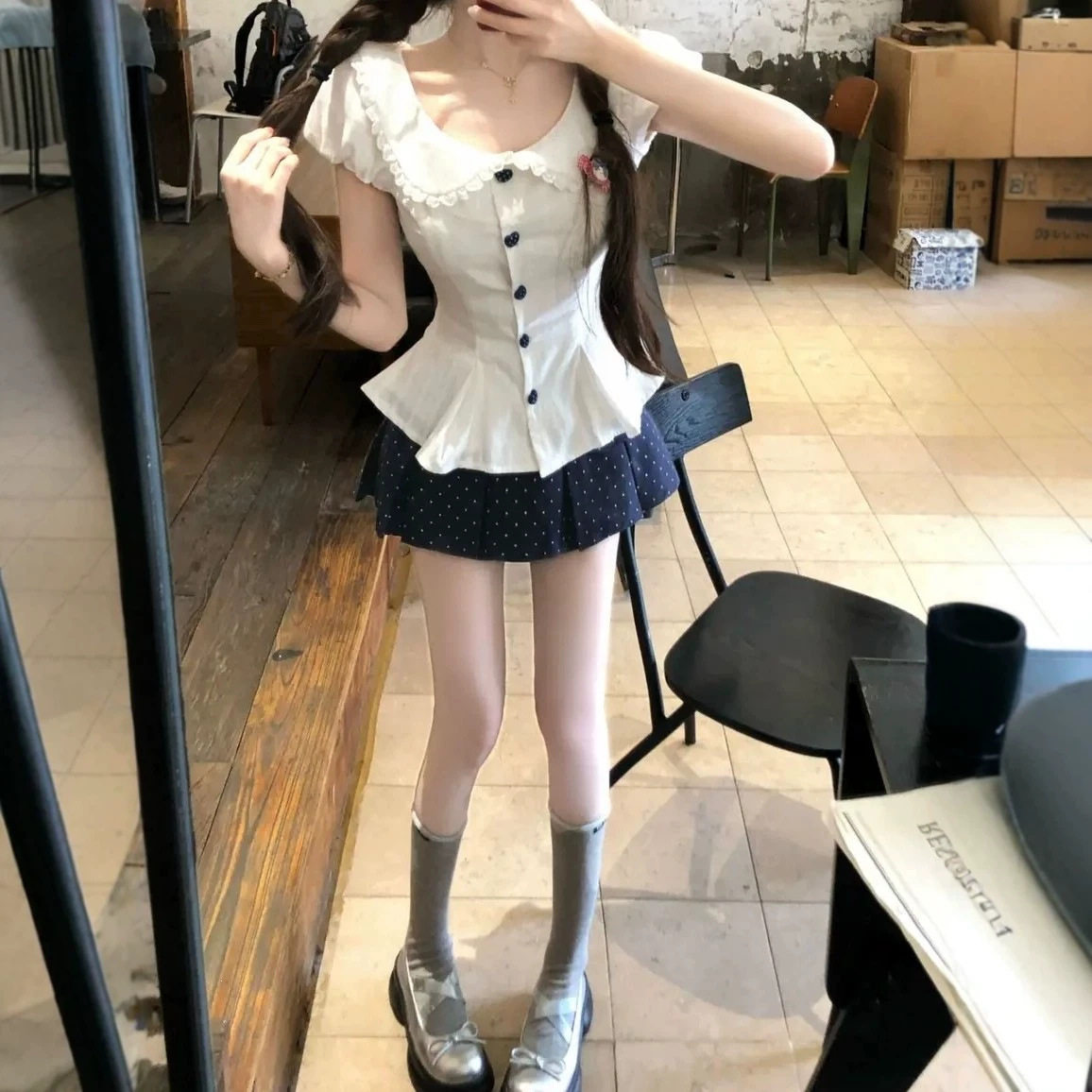 纯欲学院风娃娃领收腰鱼尾上衣女夏季新款显瘦波点百褶裙裤裙套装