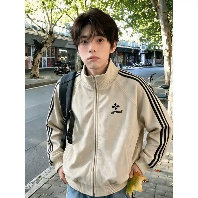 美式三条杠荔枝纹pu皮衣外套男女秋复古潮牌防风机能运动立领夹克