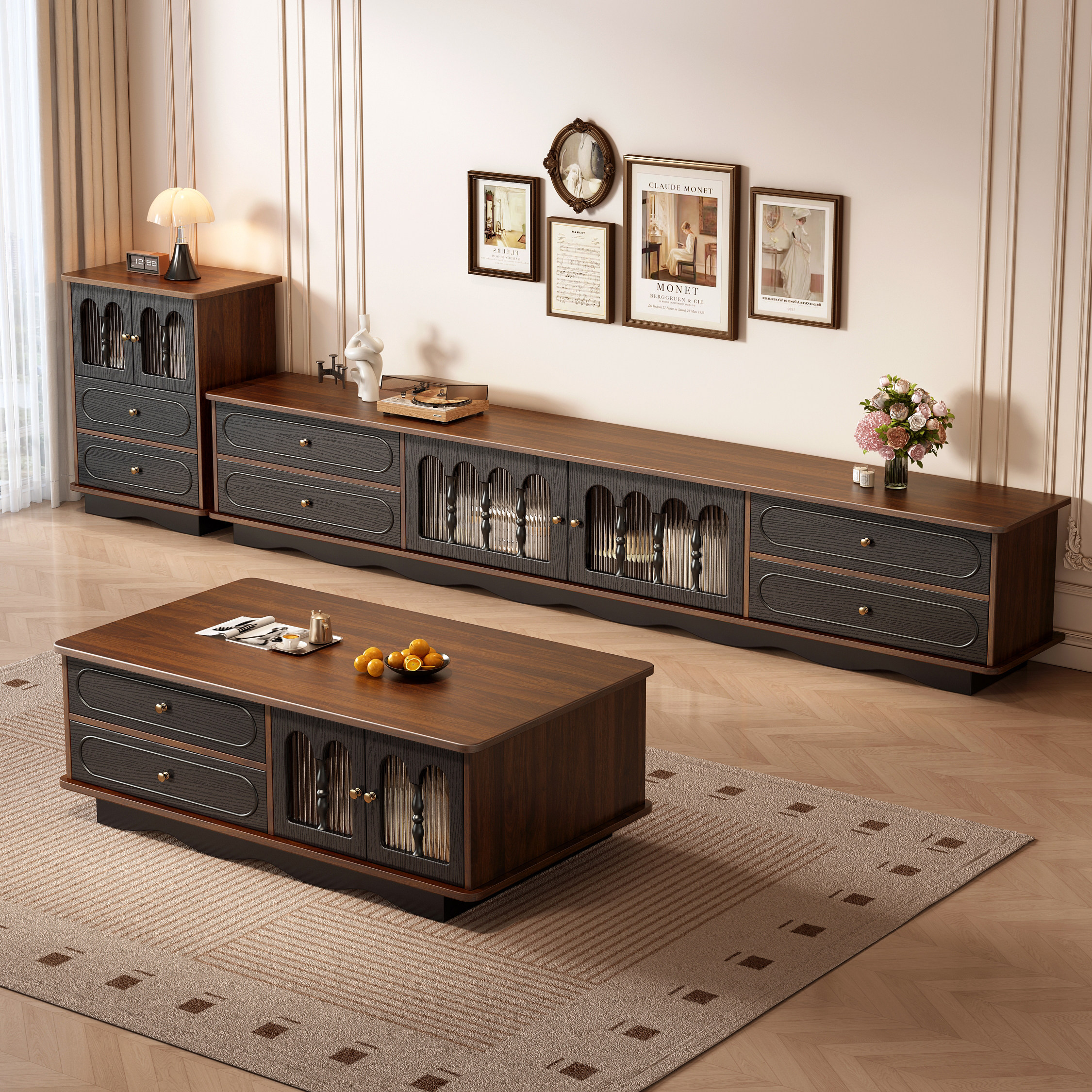 法式复古风电视柜茶几组合家用小户型客厅现代简约实木收纳储物柜,住宅家具,电视柜,淘宝优惠券,粉丝福利购,淘宝优惠卷