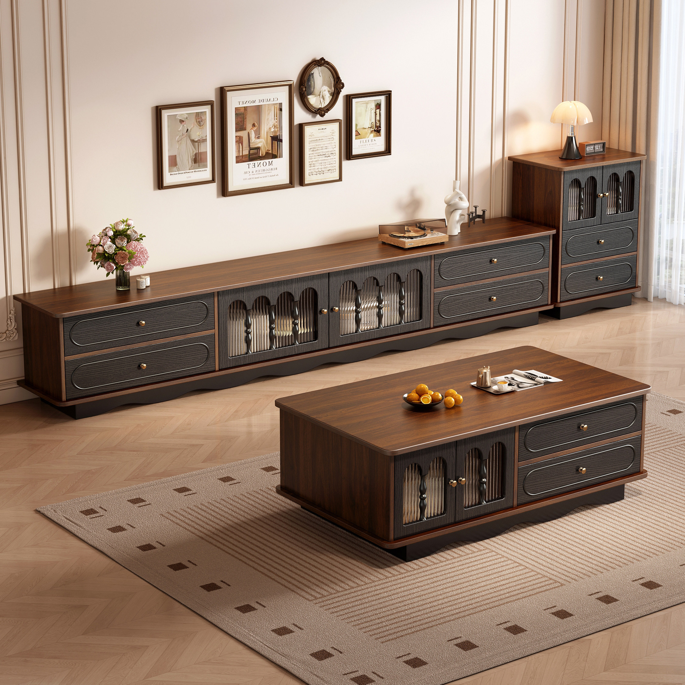 法式复古风电视柜茶几组合家用小户型客厅现代简约实木收纳储物柜