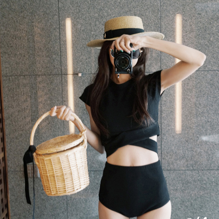 2025新款新款保守泳衣女两件套短袖高腰平角裤分体韩国温泉清新泳