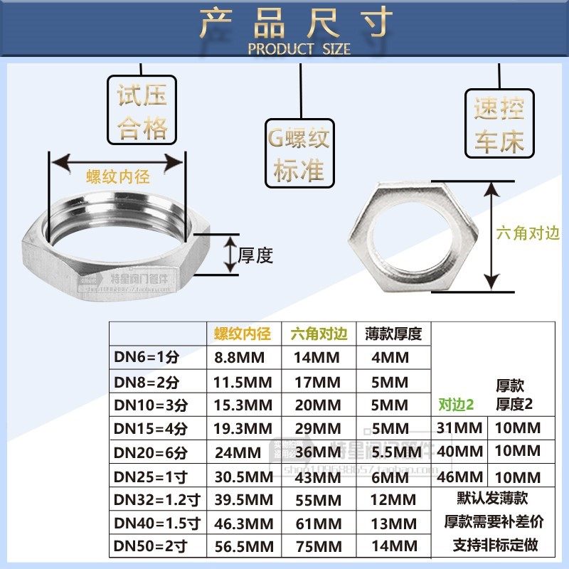 不锈钢304六角英制薄螺母拼母G螺纹锁紧管螺纹锁母G1/2G4分G3/8