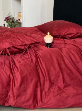 轻奢精美提花婚庆四件套绑带枕套100S长绒棉红色结婚被套床单床笠