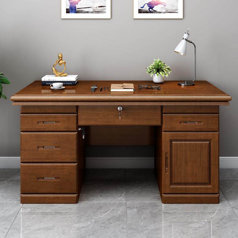 原木实木一米办公电脑桌单人台式单人带抽屉锁中式家用书桌办公桌