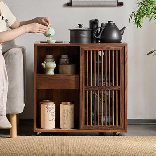新中式实木移动茶水柜胡桃木茶水台客厅茶边柜侧边柜几烧水壶一体