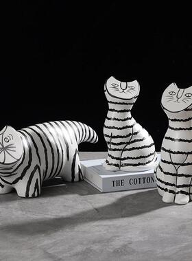 现代北欧简约几何陶瓷黑白线条平面猫咪动物摆件家居样板间装饰品