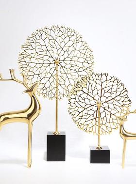 轻奢家居饰品创意艺术铜艺摆件黑水晶珊瑚摆设客厅玄关摆设工艺品