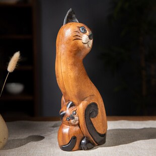 东南亚风实木客厅桌面装饰品木头子母猫博古架木雕小猫咪摆设