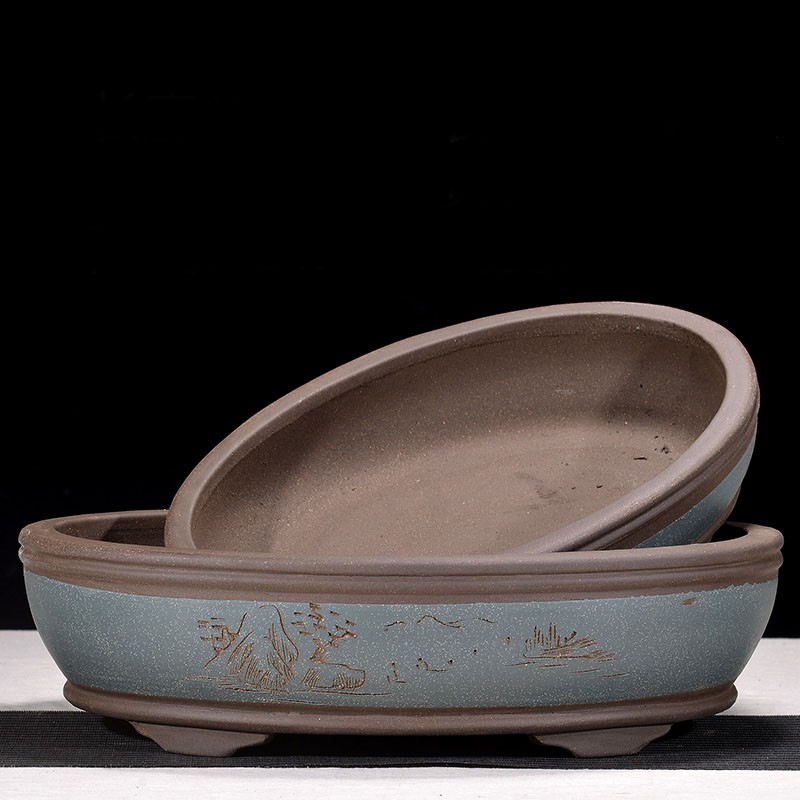 特大号紫砂花盆椭圆形无孔山水盆假山盆景盆吸水石盆室内种植盆栽