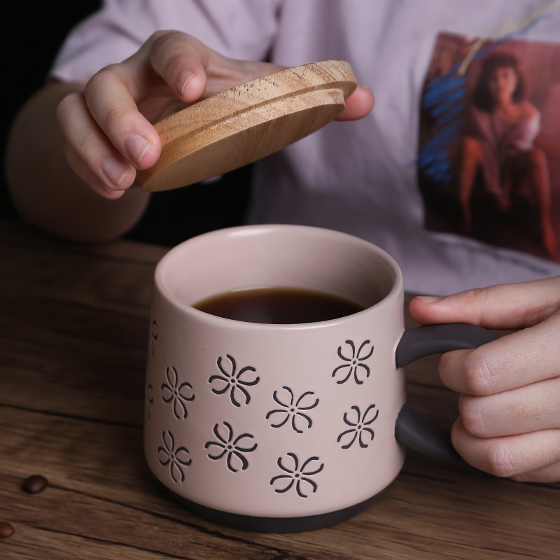 陶喜屋粗陶大肚马杯带盖勺子复古粉色咖啡杯子水杯女