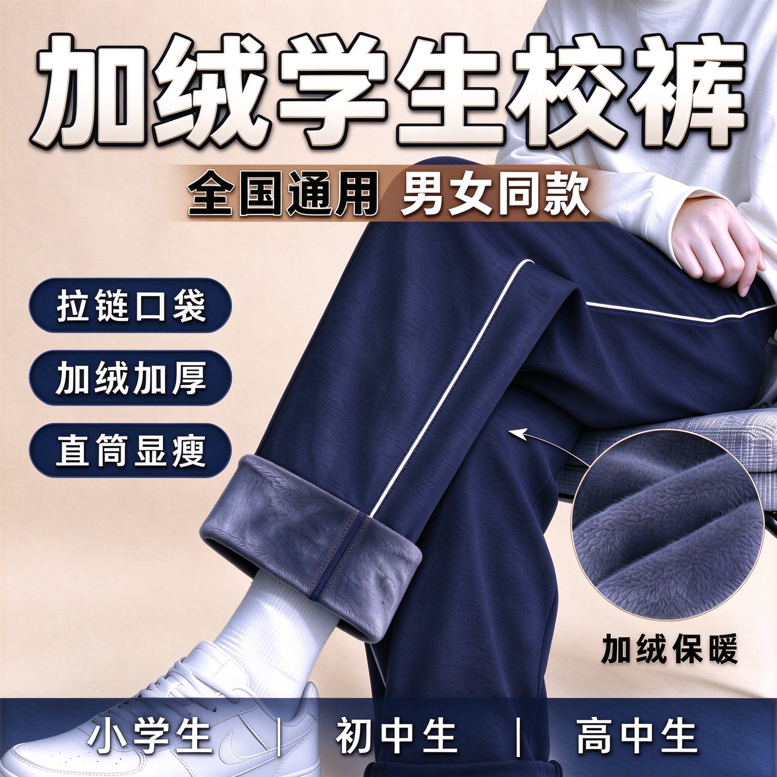秋冬季加绒加厚校服裤子藏青色一道杠男女学生直筒蓝色二条杠校裤