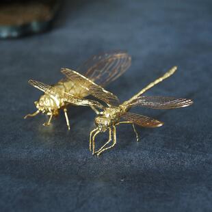 苏工纯手工实心铜镀金蜻蜓知瞭金蝉子摆件居室书房博古架摆件厂价