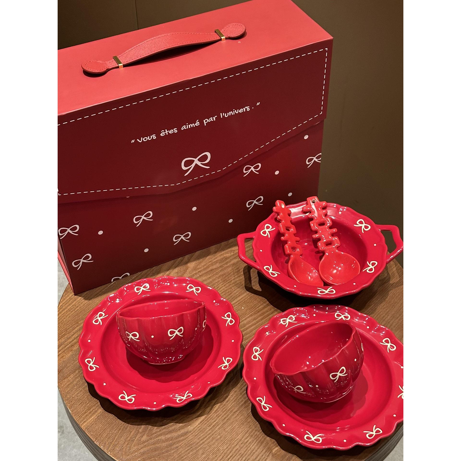 悦檬食器情书餐具套装高档喜庆礼盒结婚乔迁礼物红色碗盘子送礼