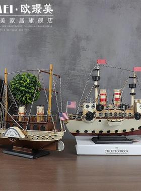欧璟美 国巡洋舰铁皮轮船摆件 帆船航模型酒吧饭厅装饰工艺礼品摆