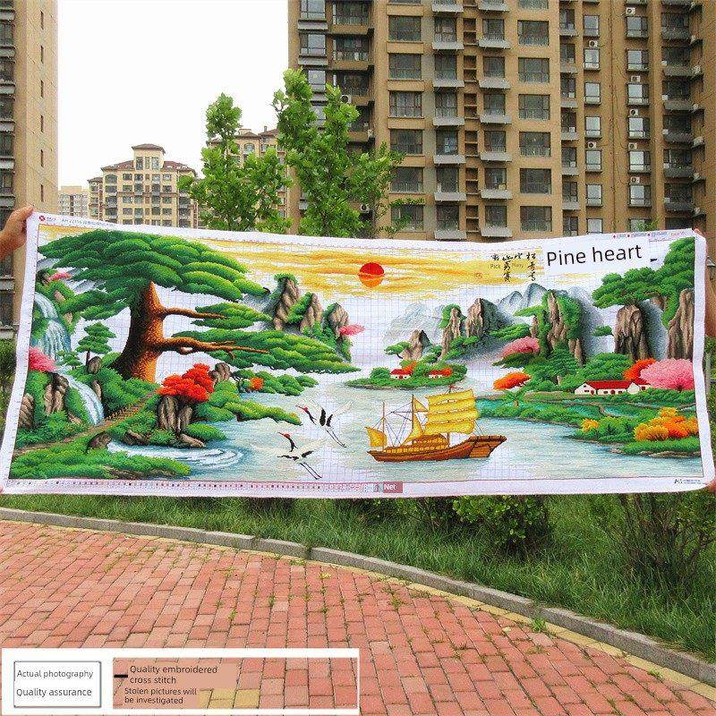 纯手工十字绣成品欢迎松财富和财富版客厅大型景观装饰山水画畅销,居家布艺,十字绣成品,淘宝优惠券,粉丝福利购,淘宝优惠卷