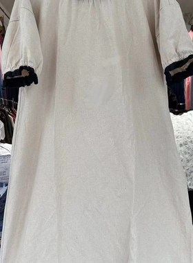 18789日系复古撞色木耳花边领麻本色连衣裙大码森系减龄大长裙女