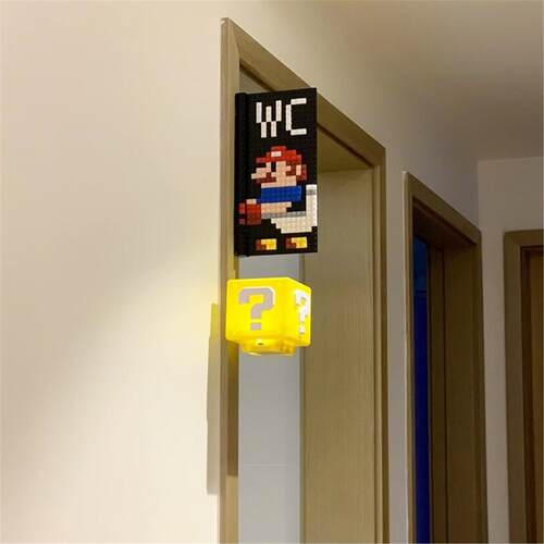 马里奥厕所卫生间指示牌超级玛丽问号灯装饰摆件wc洗手间积木拼装