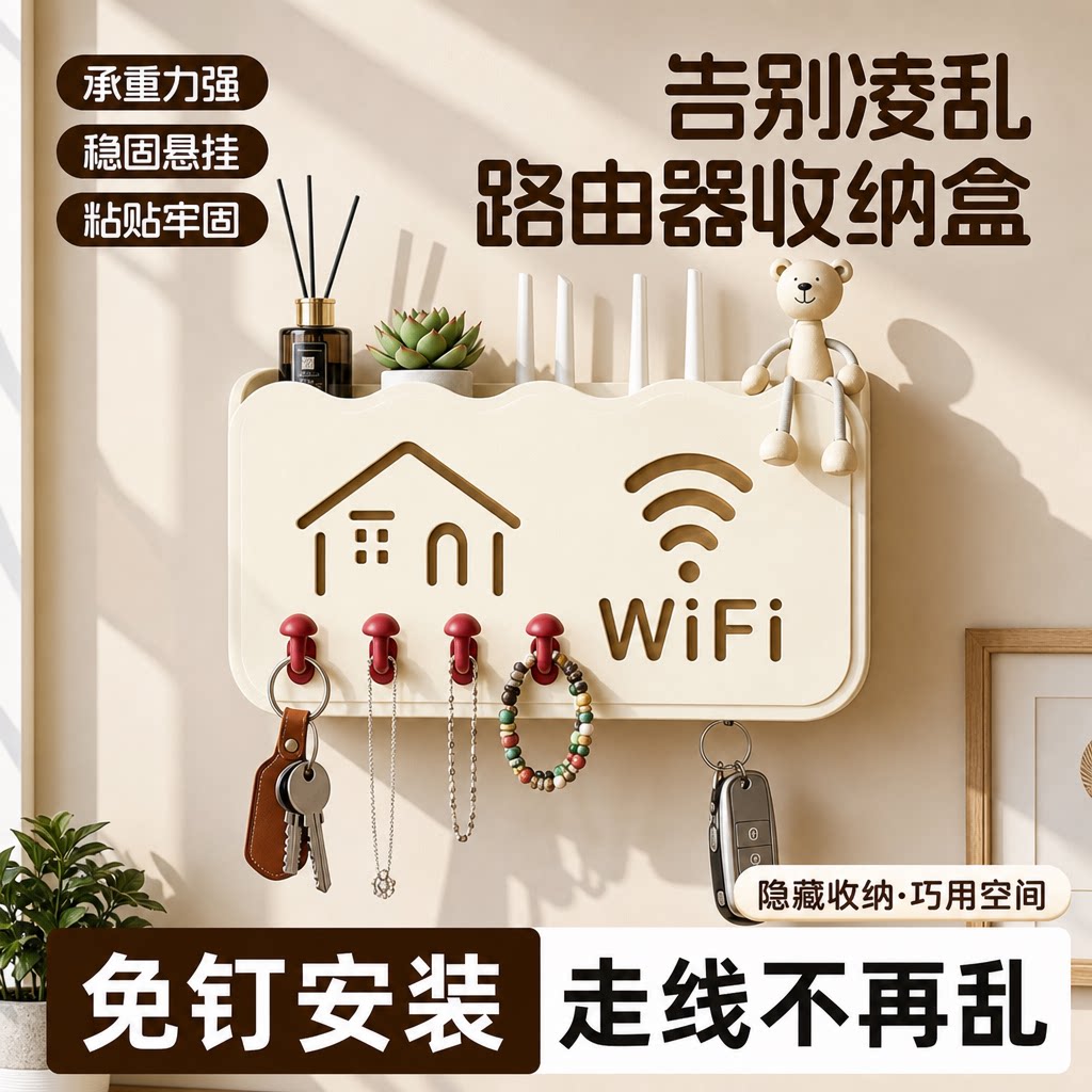 壁挂免打孔承重强路由器收纳架