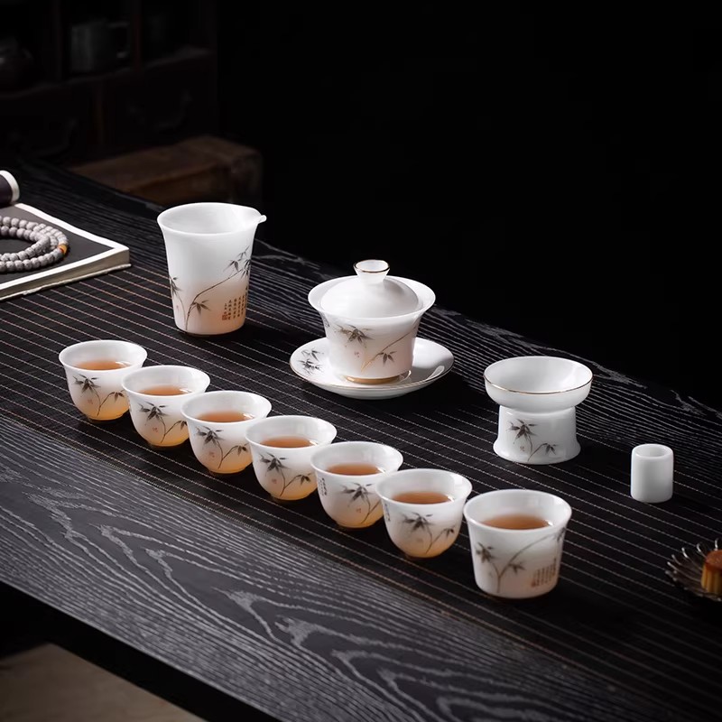 整套盖碗茶具高端描金泡茶杯礼盒装冰种玉瓷客厅功夫茶具套组家用