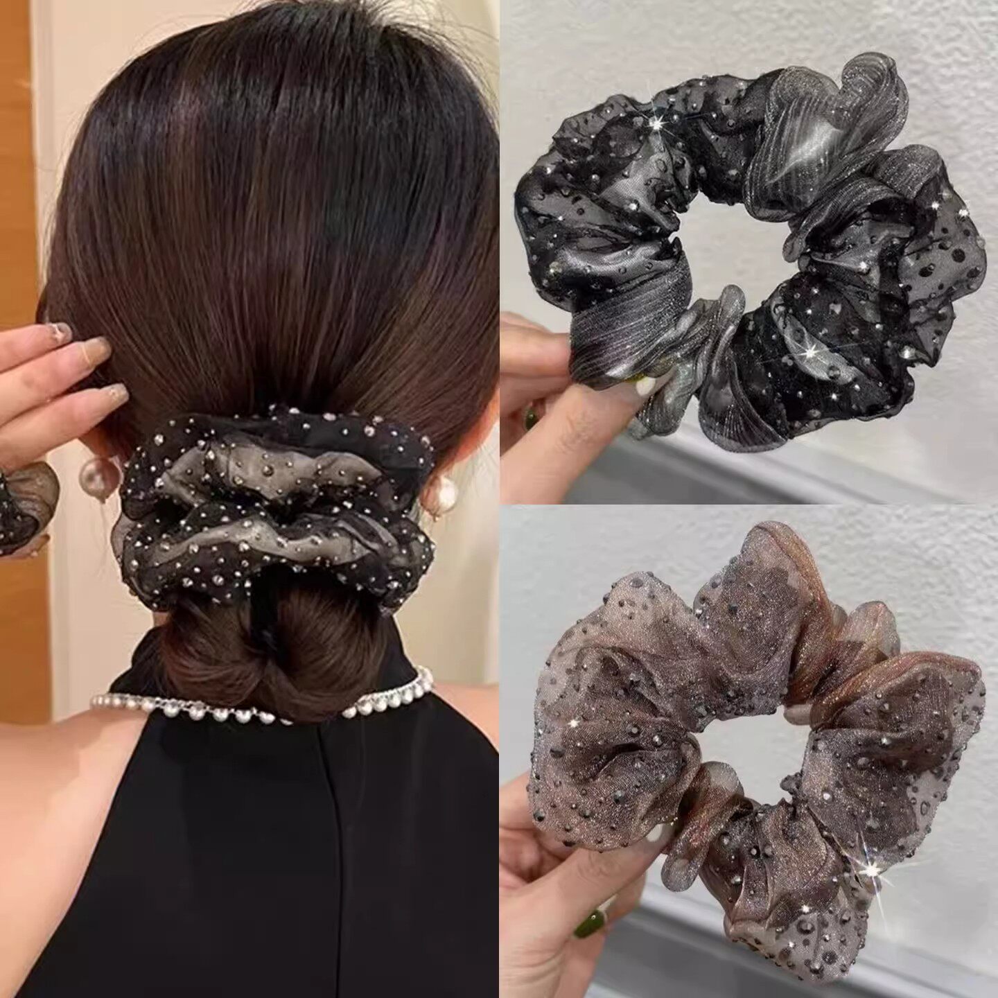 欧根纱满天星大肠发圈优雅气质高级发绳闪钻头绳盘发丸子头花发饰