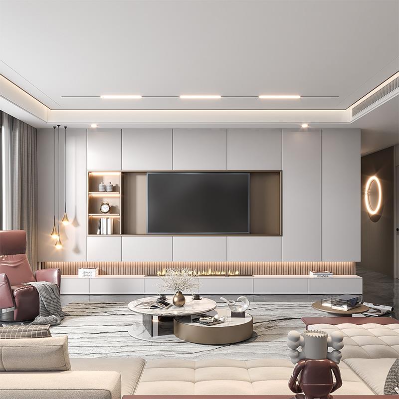 南京全屋定制现代极简奶油风满墙悬空客厅收纳一体电视柜定制家具