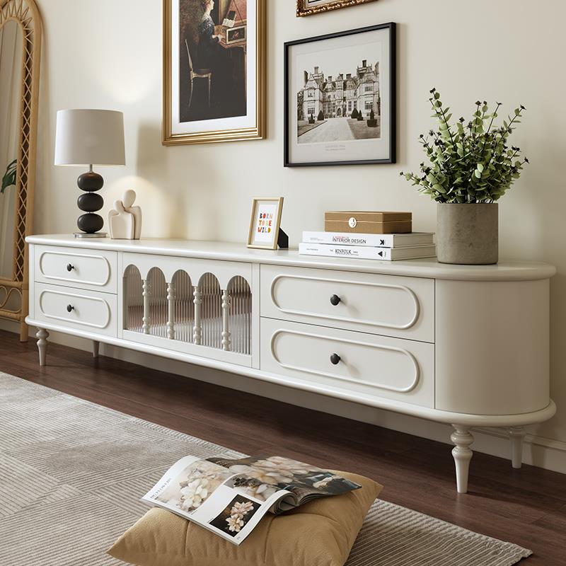 法式实木电视柜客厅家用奶油风电视机柜收纳柜一体美式覆古白色