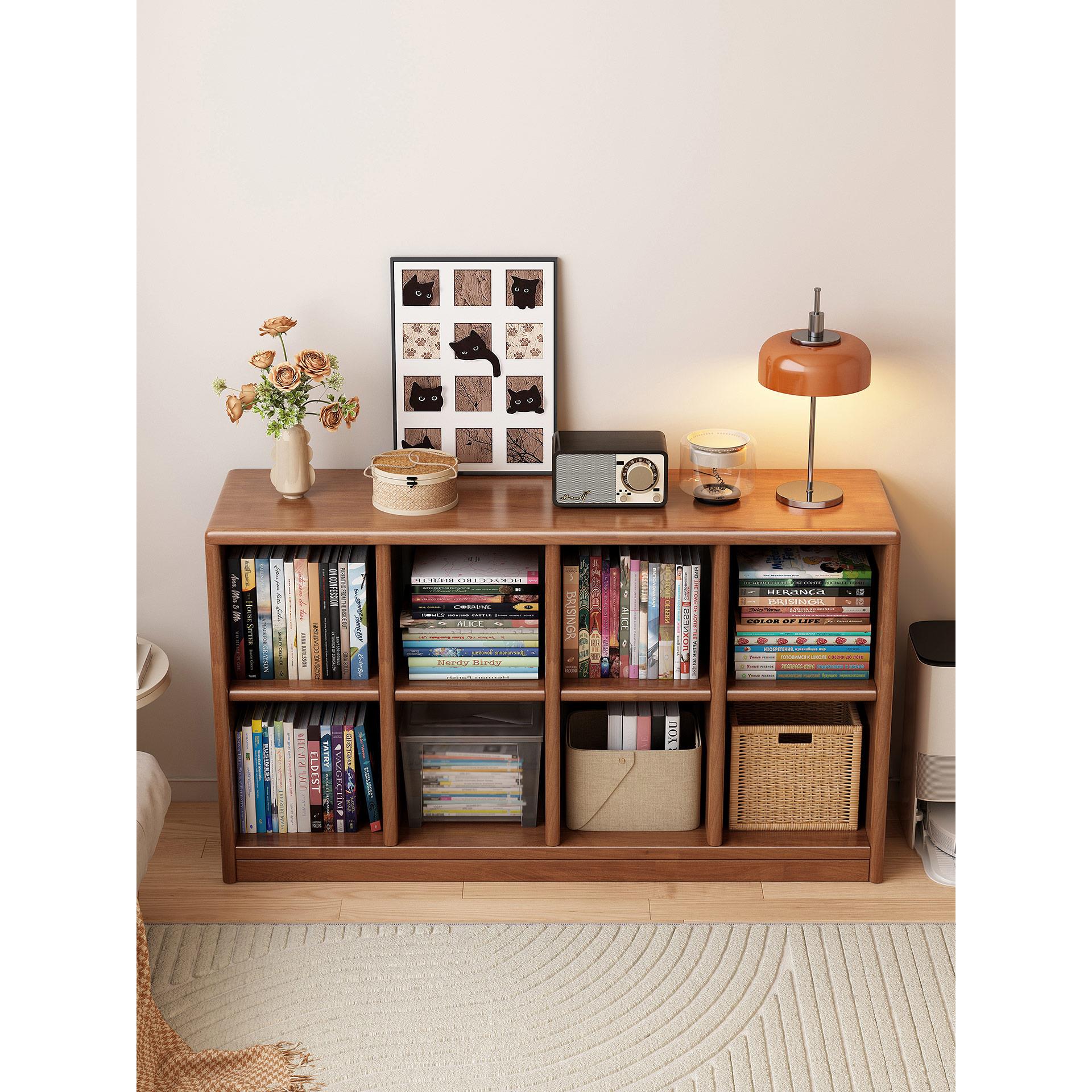 实木书架置物架储物收纳格子柜展示架客厅一体靠墙书柜落地矮书柜