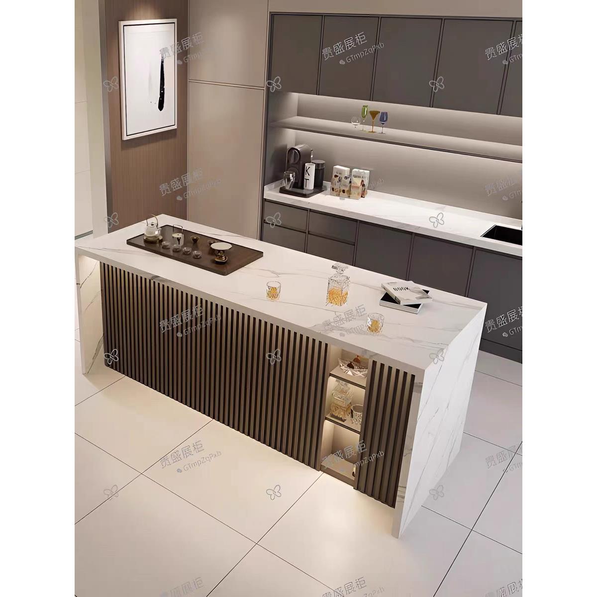 简约现代开放式厨房岛台大理石吧台公司茶水间休闲岛台餐桌一体柜