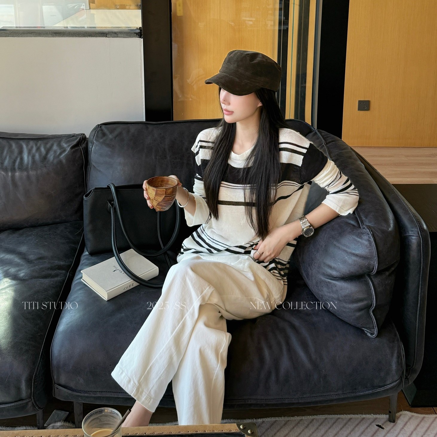 TITI - STUDIO“黑白条纹”亚麻撞色圆领微喇长袖针织上衣套装