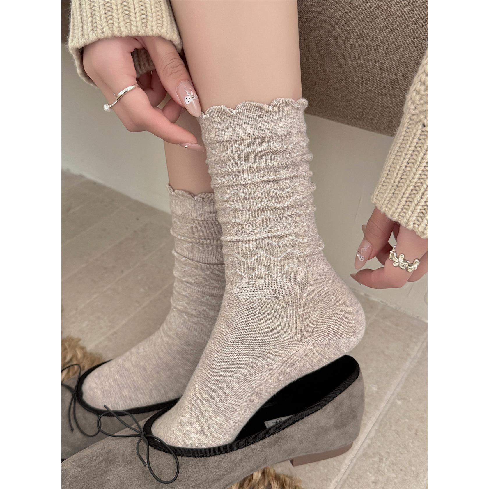 韩版燕麦色堆堆袜子女春