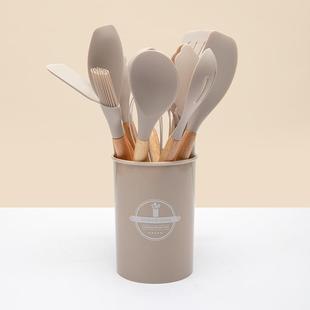 12件套烘焙工具收纳桶不粘锅铲厨房用具烹饪套装 木柄硅胶厨具套装