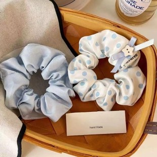 韩系蓝色波点大肠发圈女高级感慵懒风扎头发低马尾发饰简约头绳