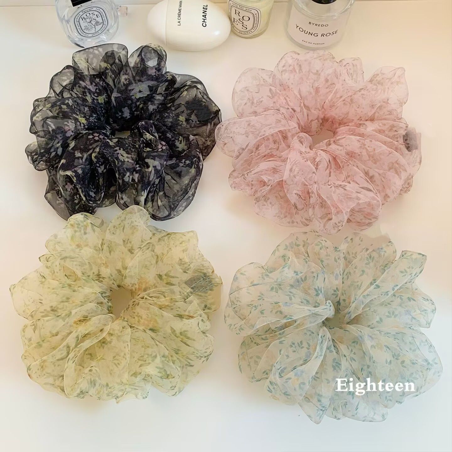粉色半透明碎花网纱猪大肠发圈少女心高弹力头绳四季百搭蓬松发饰