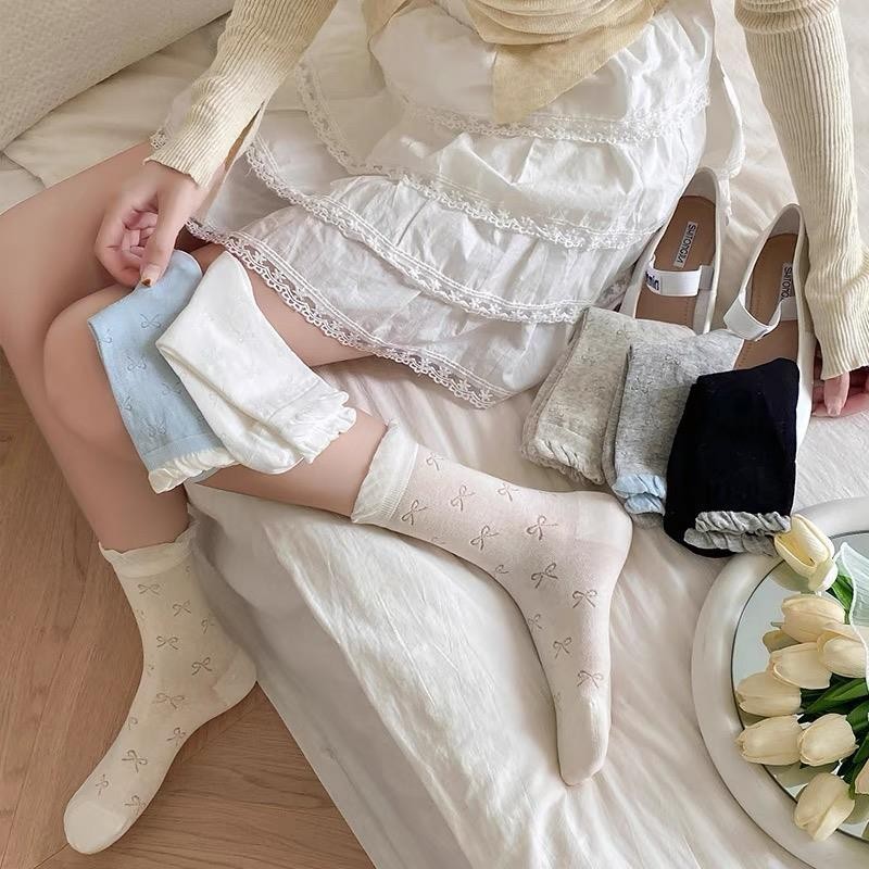 春夏袜子女中筒袜白色镂空蝴蝶结堆堆袜miu风灰色长袜花边泡泡口