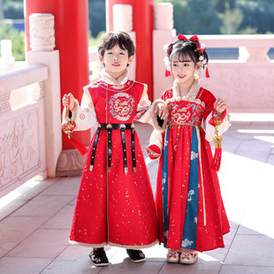汉服女童秋冬红色儿童拜年服国风年服加厚少爷古装男童元旦演出服