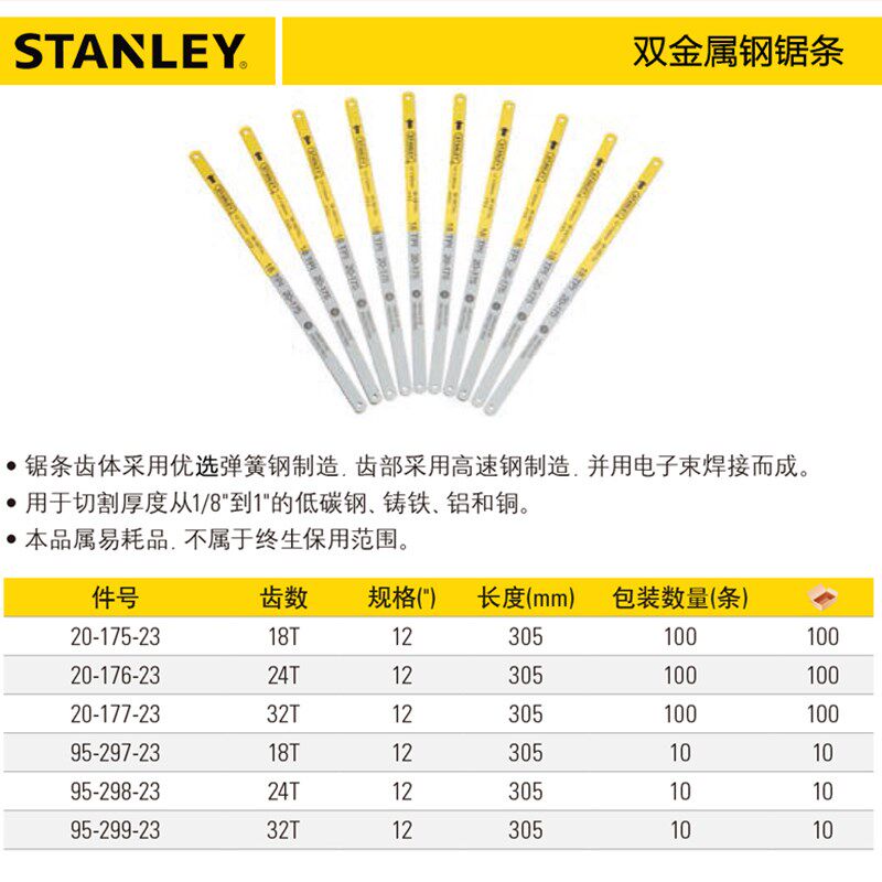 史丹利正品 双金属钢锯条粗中细齿 18T 24T 32T 95-297 298 299