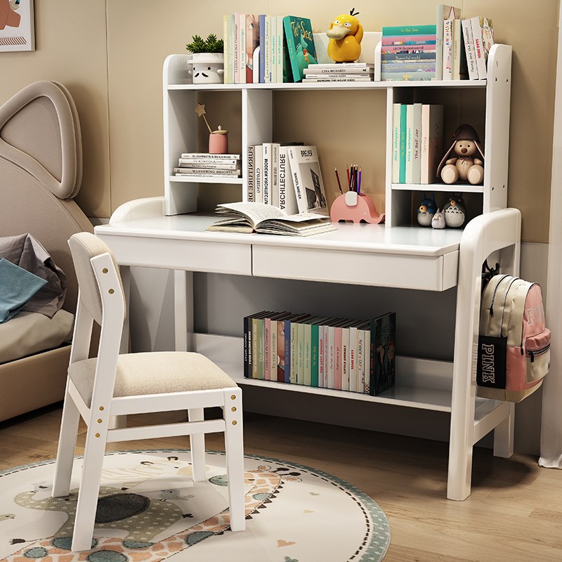 实木书桌儿童学习桌高中生学生卧室家用小户型初中生电脑桌带书架