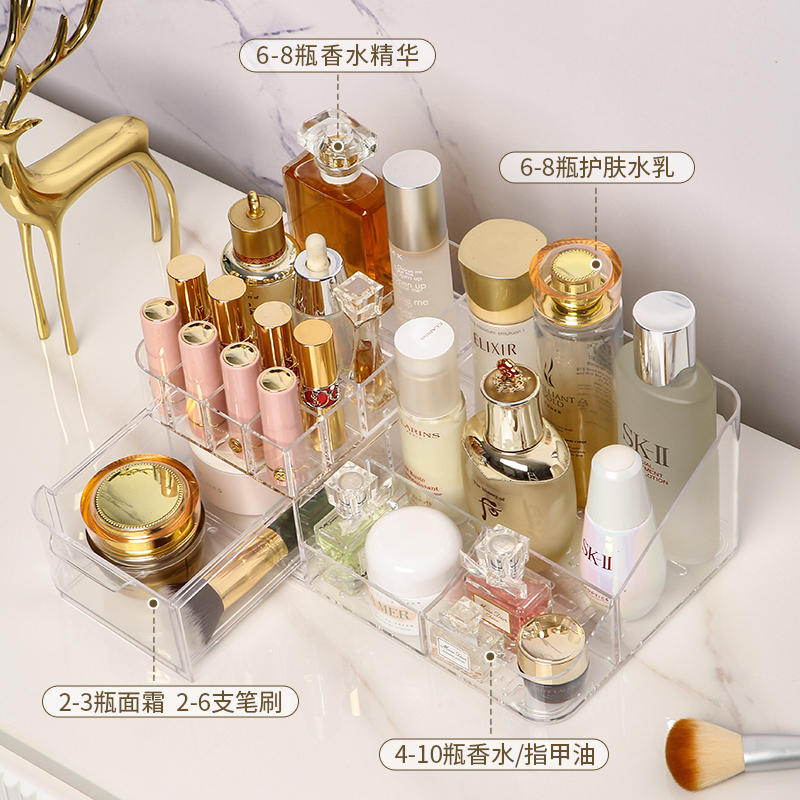 桌面化妆品收纳盒卧室梳妆台亚克力沥水口红盒宿舍护肤品置物架大