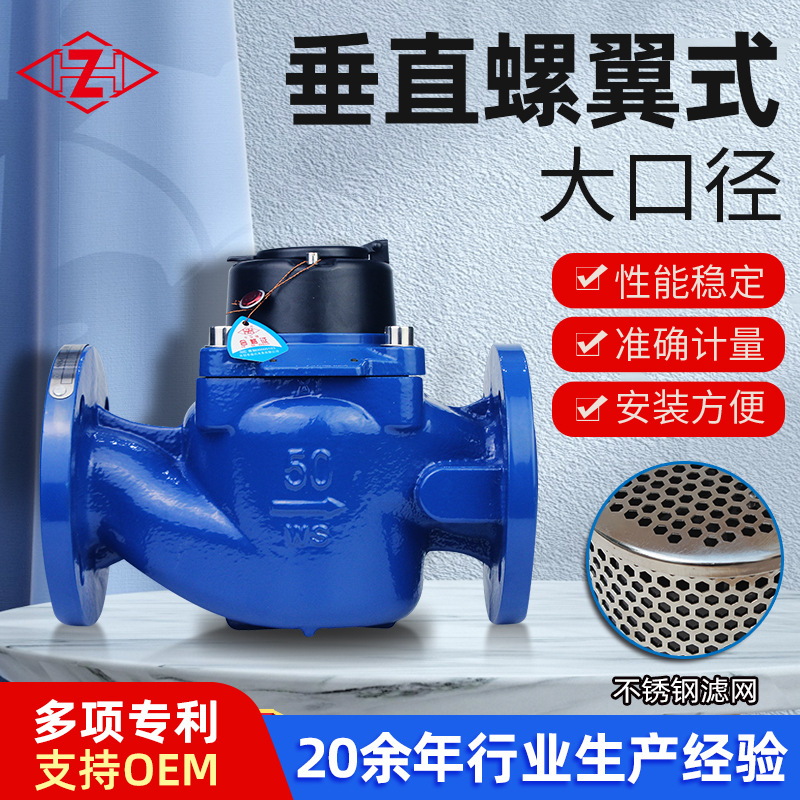 WS垂直螺翼大口径机械水表法兰水平铜芯干式铸铁蓝壳商用水表